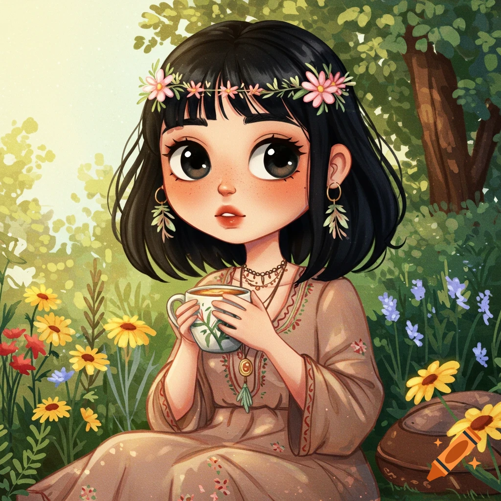 Cute black haired boho woman drinking tea in a sunny flower field.
