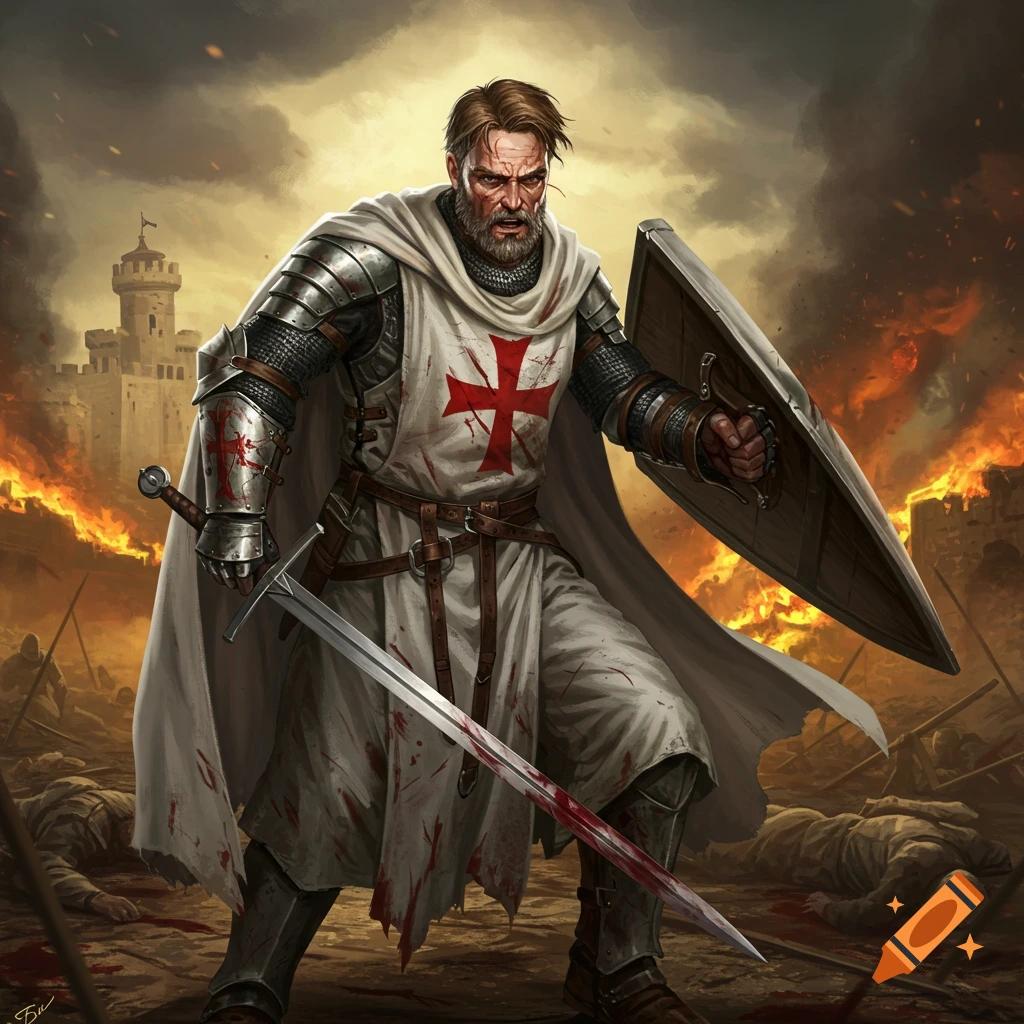 A crusader knight holding a bloody sword and shield in a battleground.
