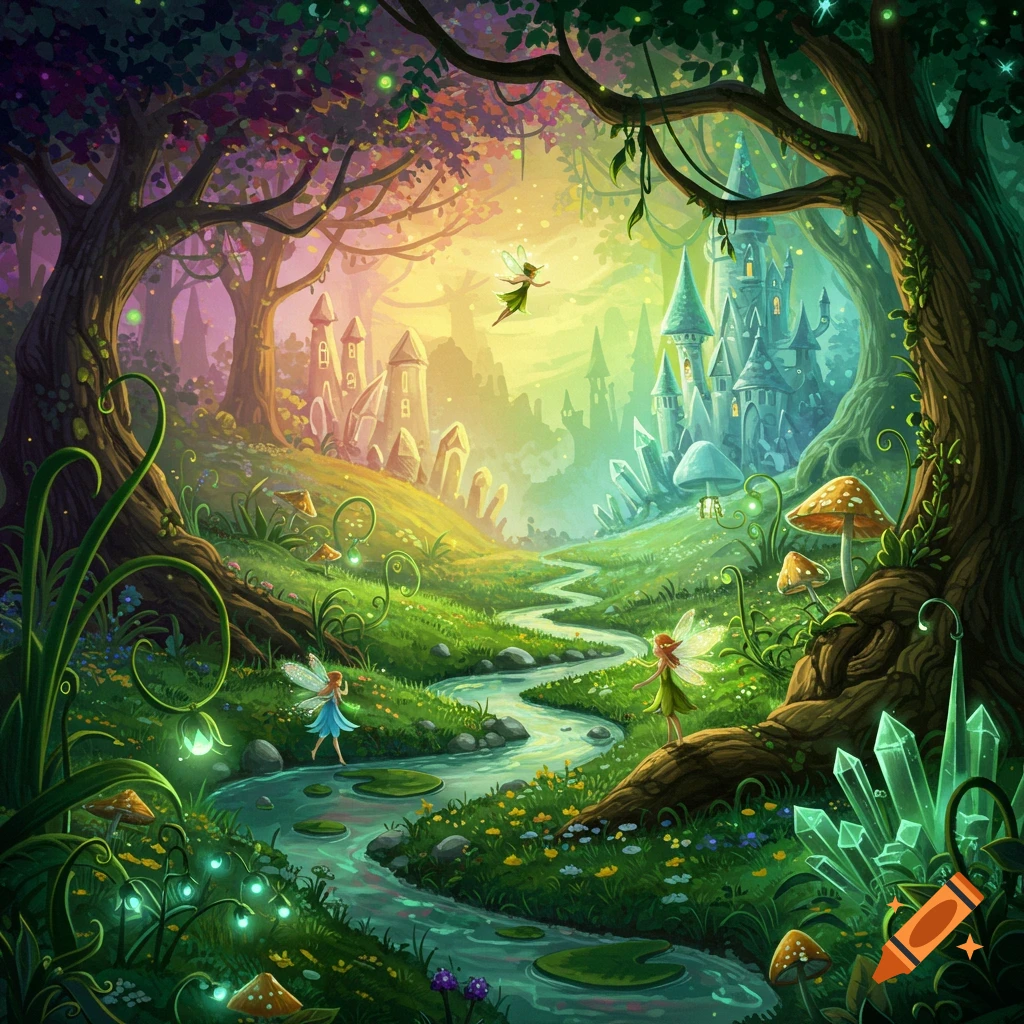A vibrant fantasy scene of a valley with castles, a stream, large crystals, mushrooms, and fairies flying and standing by the water.