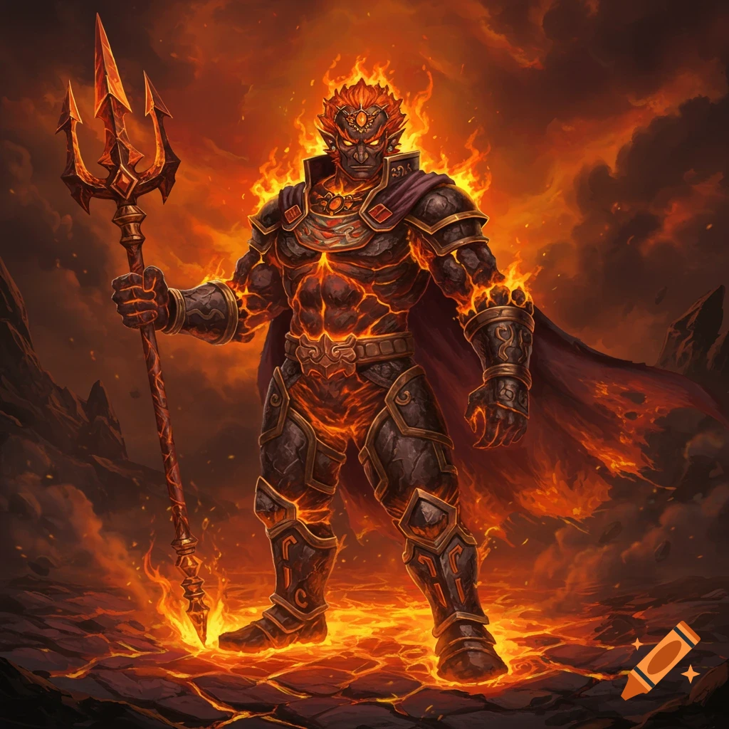 A lava and rock fantasy character holding a trident in a fiery landscape.