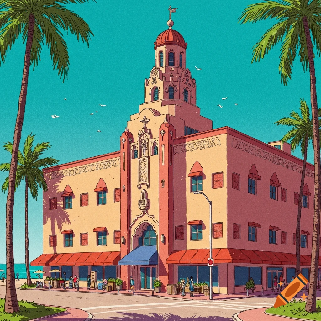 A large historic building with palm trees and people on a beach.