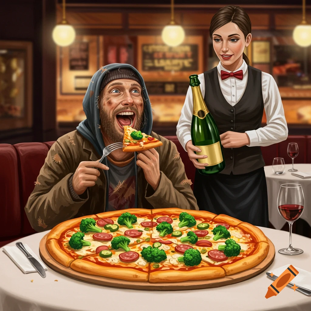 Illustration of a happy man eating a large pizza in a restaurant while a waitress holds a bottle of champagne.