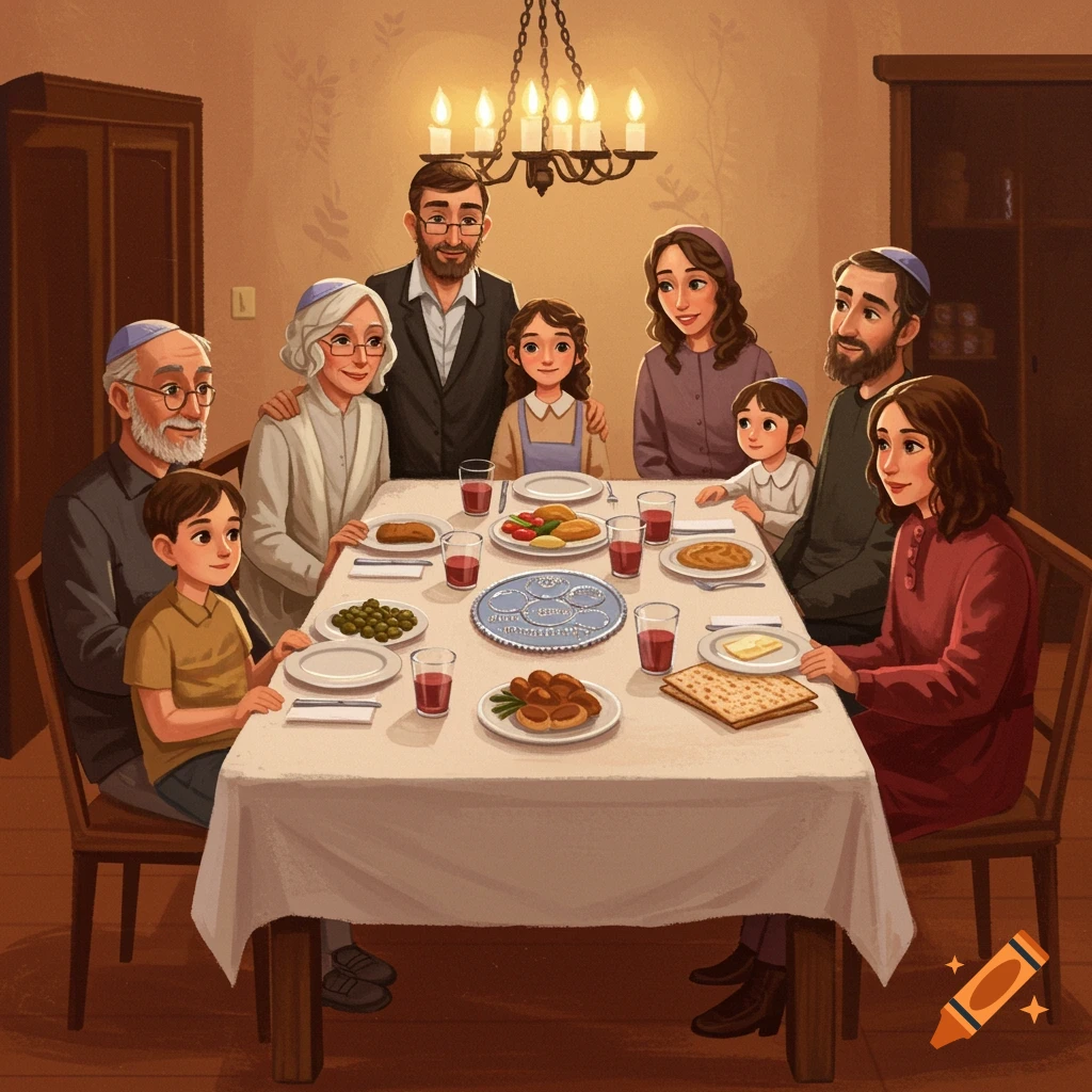 A warm Jewish family sharing a Passover Seder meal around a large table.