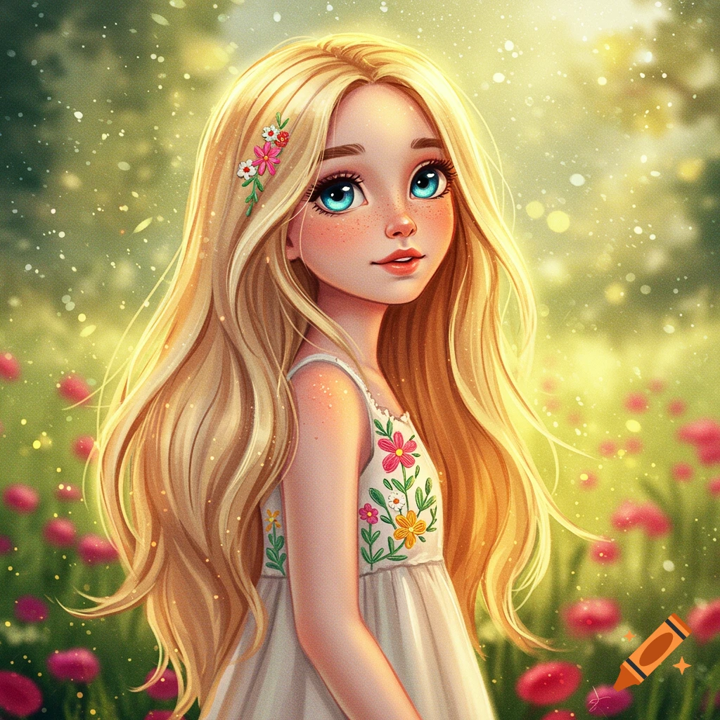 A young girl with long blonde hair, blue eyes, and a floral dress in a sunny meadow.