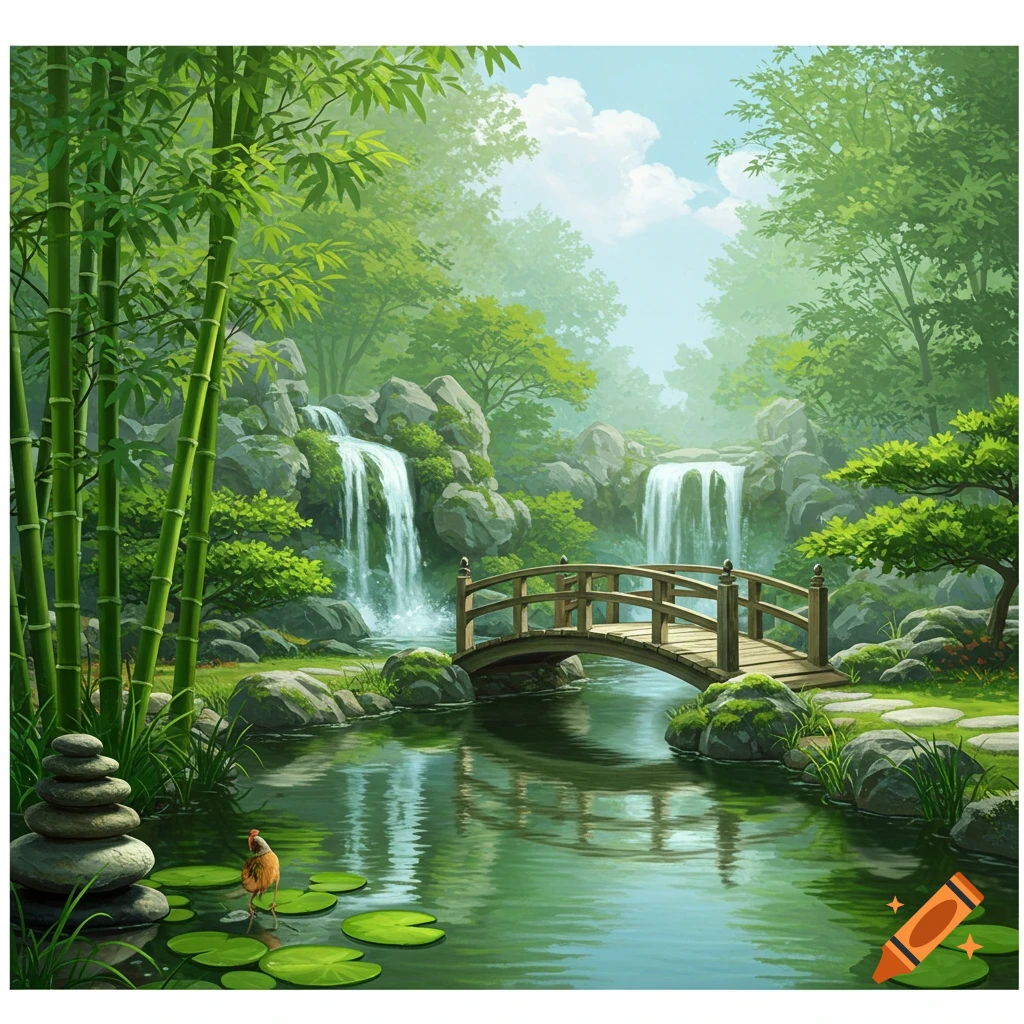 A tranquil Japanese garden with cascading waterfalls, towering bamboo, a picturesque bridge spanning a pond, and lush lily pads.