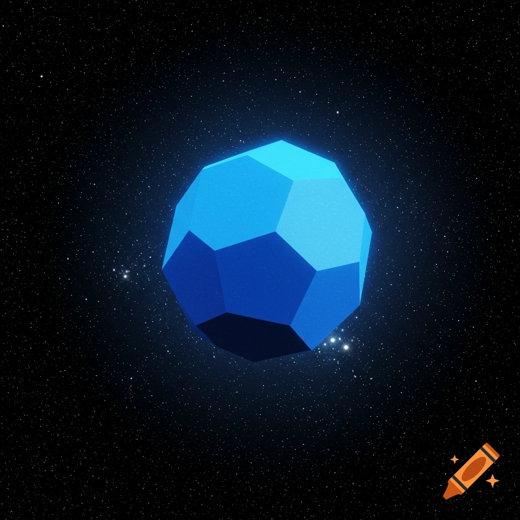 A blue dodecahedron floating in a field of stars.