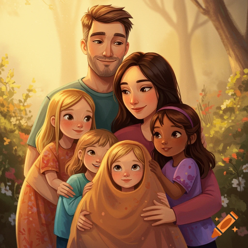 A warm illustration of a loving family with a father, mother, and three daughters embracing.