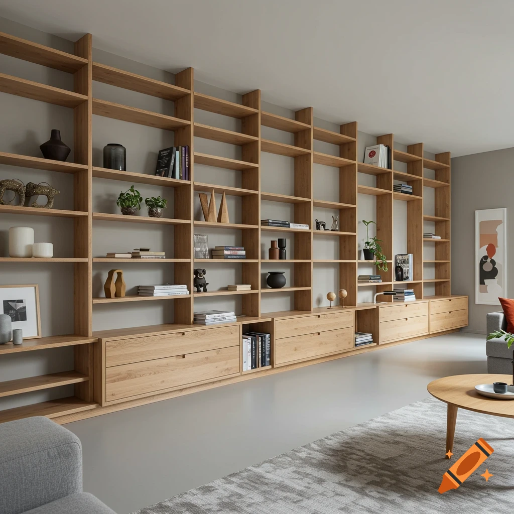 Large modern wooden shelving unit filling a wall, decorated with books and objects in a room.