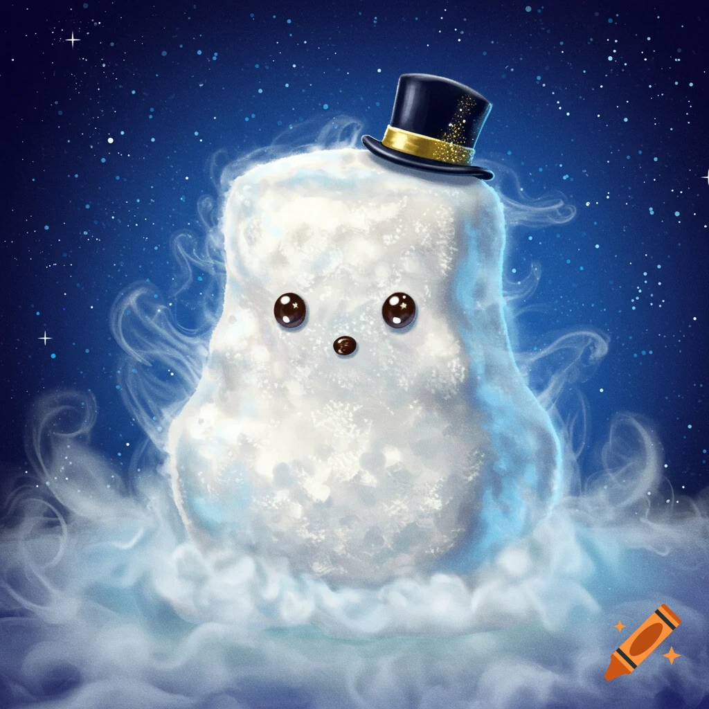 A fluffy white creature resembling a marshmallow wearing a top hat in a starry night sky.