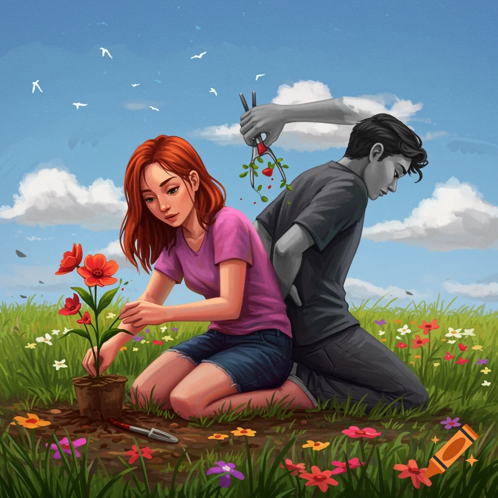 A woman plants a flower while a gray man cuts vines with hearts behind her.
