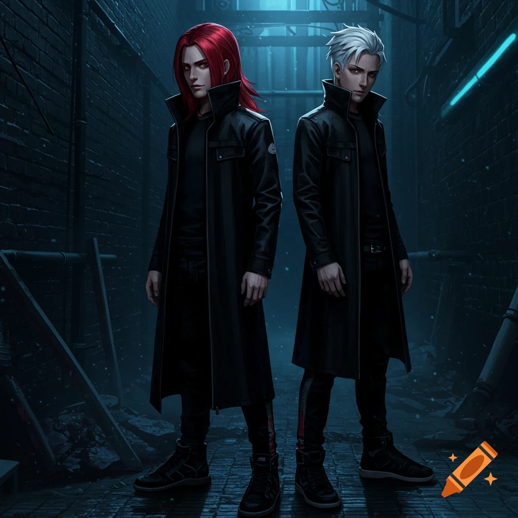 Two figures with red and white hair in long black coats stand in a dark alley, digital art.