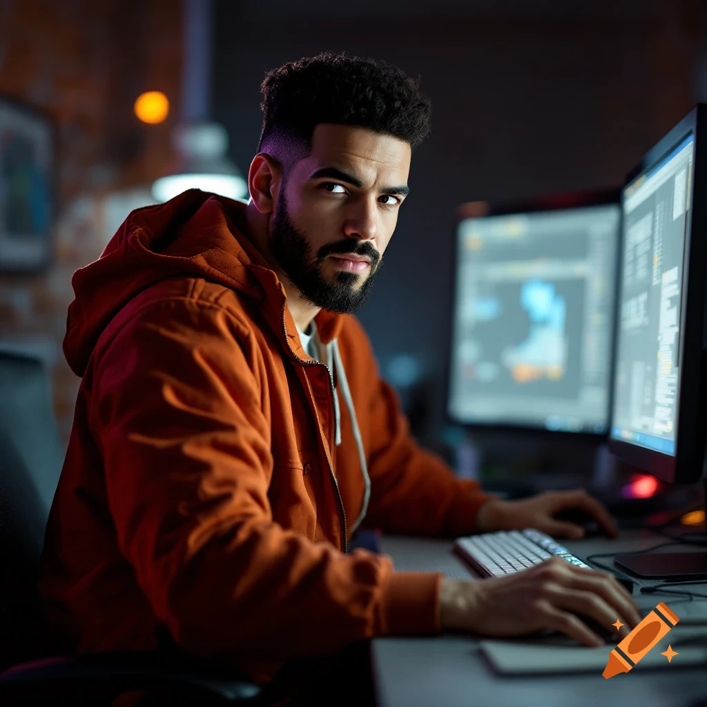 A man in an orange hoodie works on two computer monitors in a dark room.