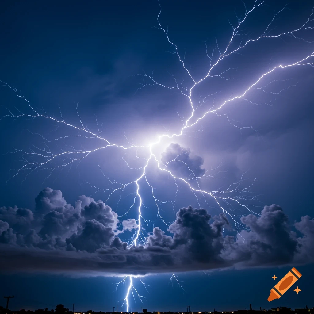 Powerful lightning strikes illuminate dark storm clouds above city lights