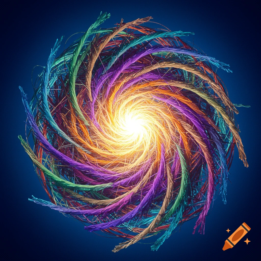 Colorful abstract vortex made of swirling threads on a blue background.