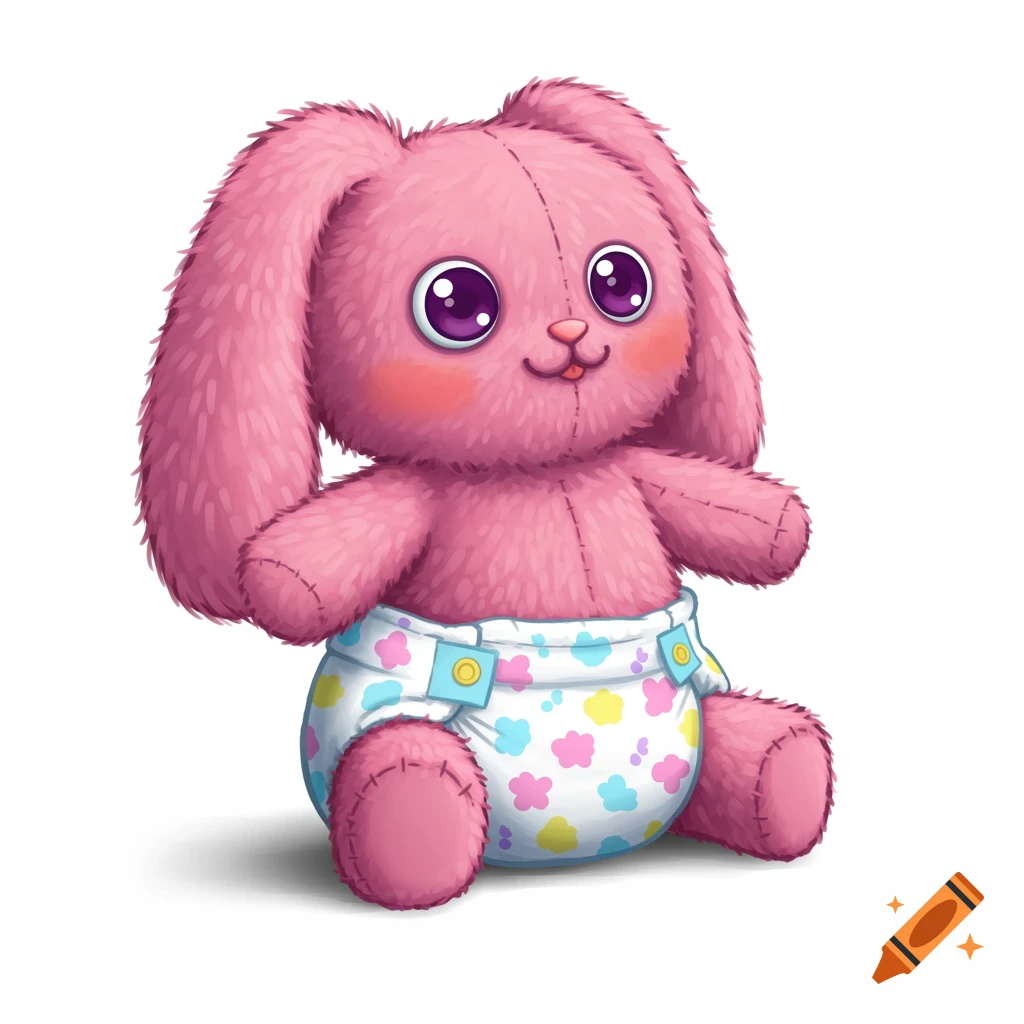 A pink plush bunny toy wearing a colorful, patterned diaper in a children's illustration style.