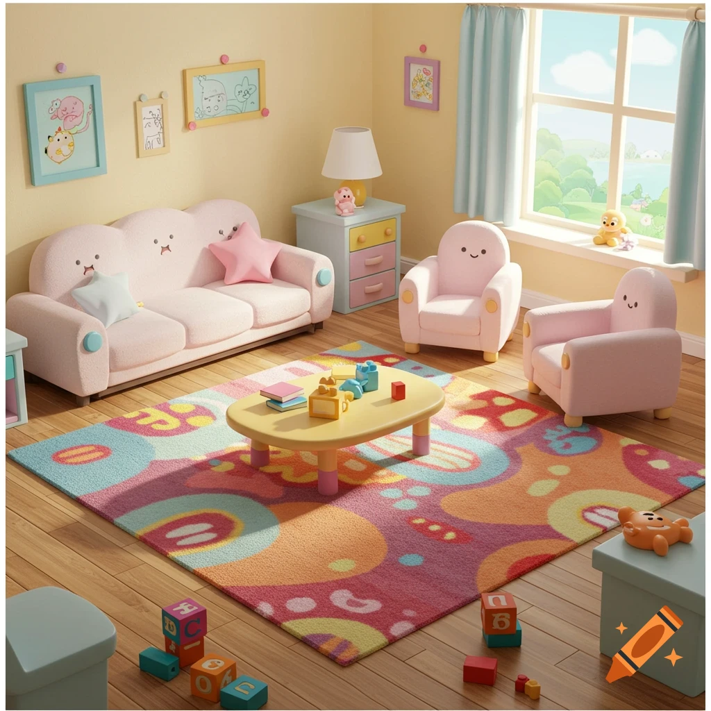 A cute cartoon living room with pink furniture, a colorful rug, and toys.