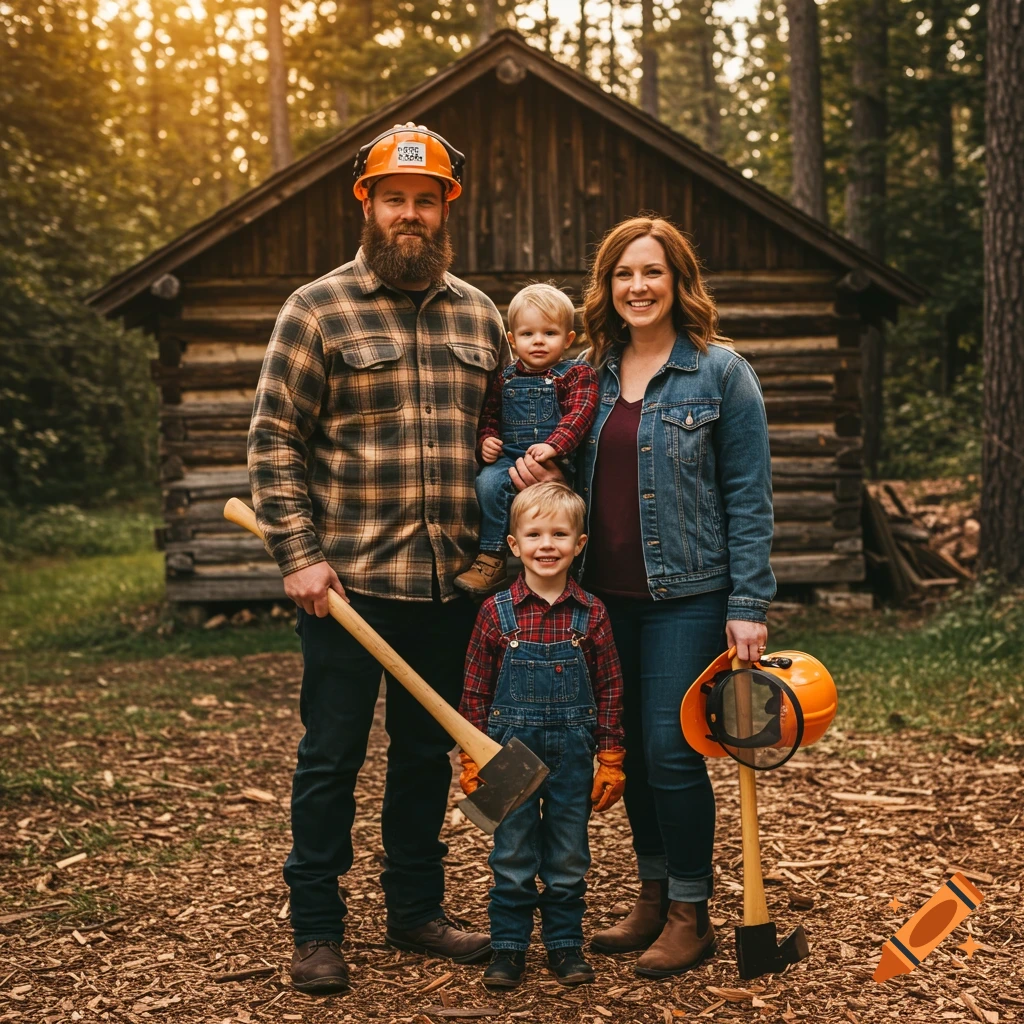 A family of lumberjacks poses for a portrait in front of a log cabin.