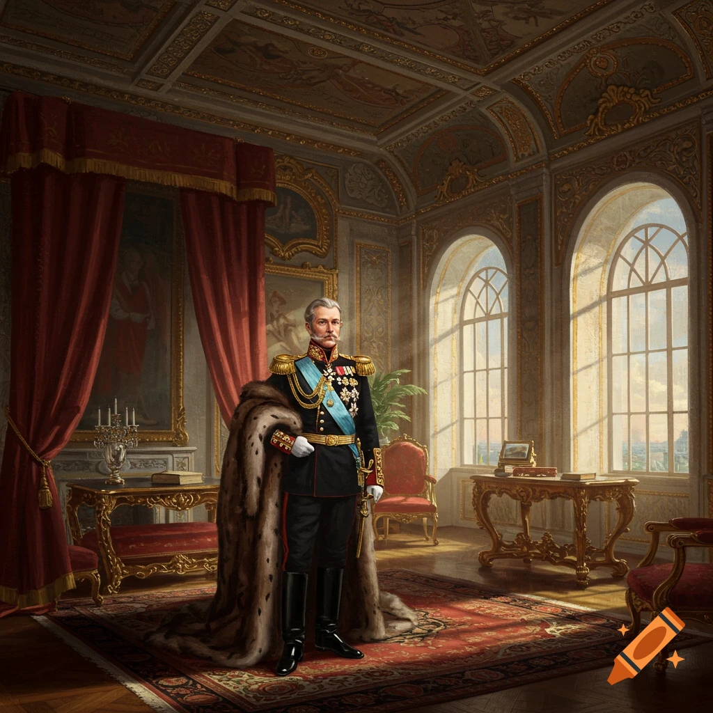 A man in a 19th-century Russian military uniform stands in an ornate room