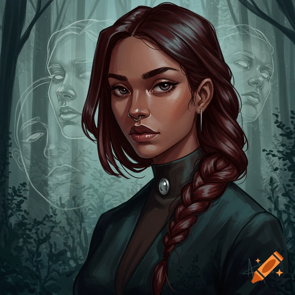 Image of a woman with a braid and nose ring in a forest with ghostly faces behind her.