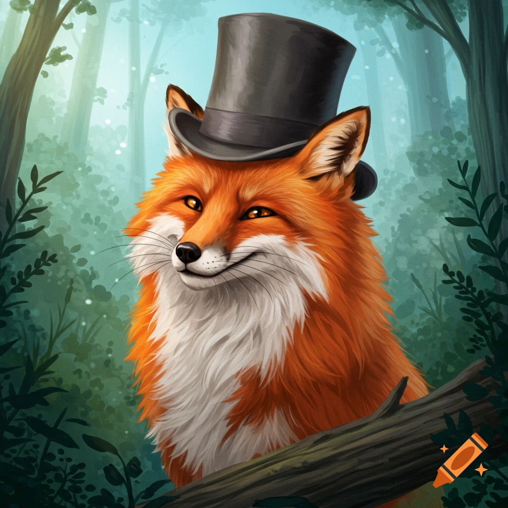 A fox wearing a black top hat in a forest