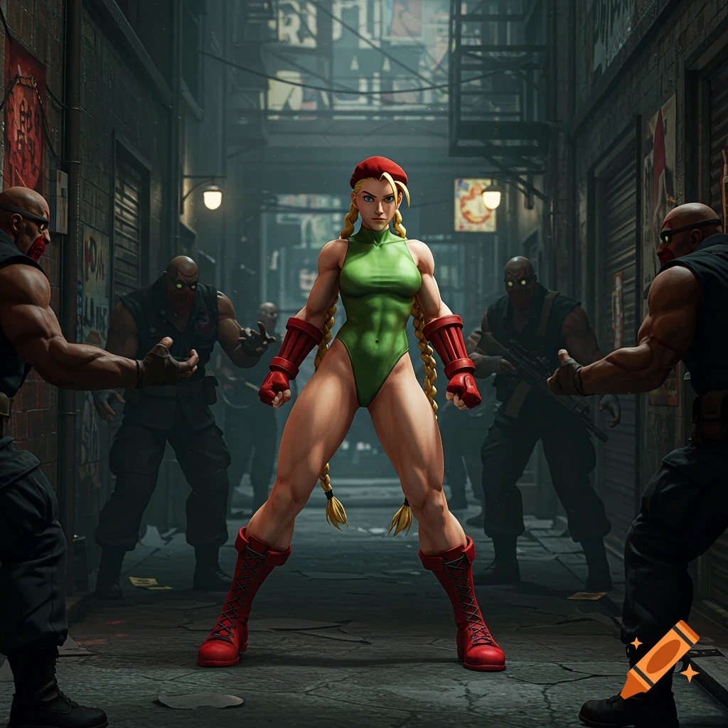 Street Fighter character Cammy stands in an alley facing enemies in a 3D rendered style.