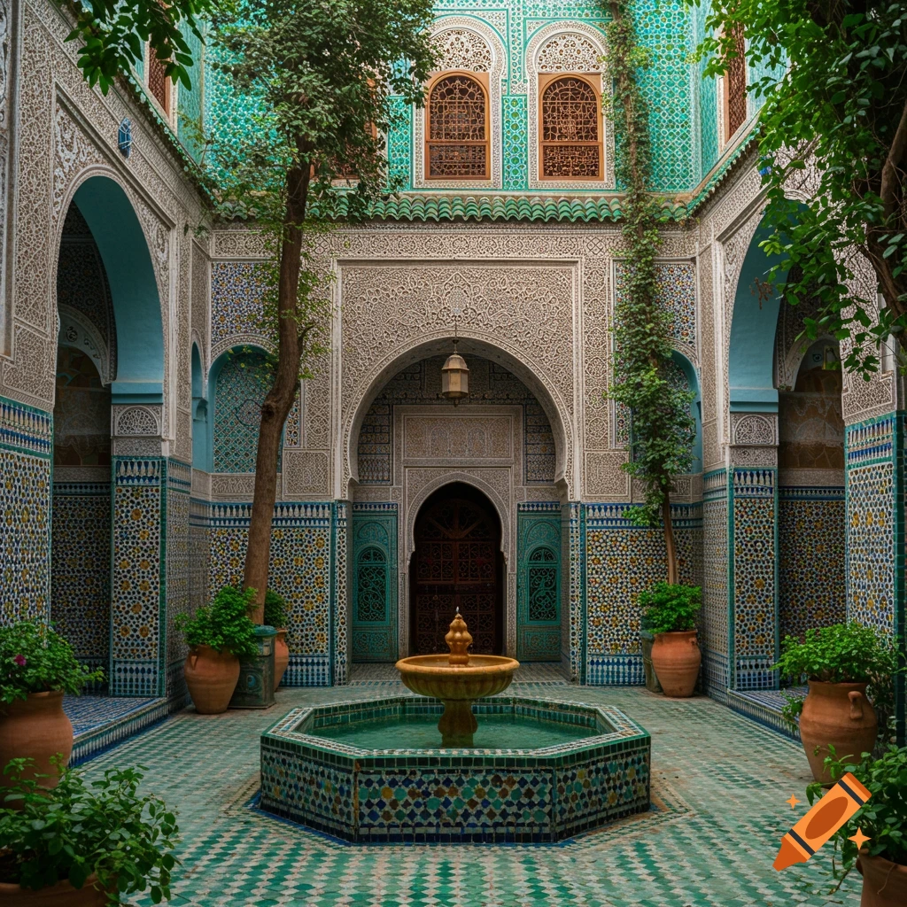 A beautiful Moroccan courtyard with intricate tilework, arches, a fountain, and trees.