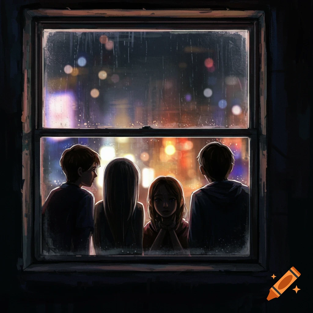 Four people looking out a rainy window at blurry city lights.