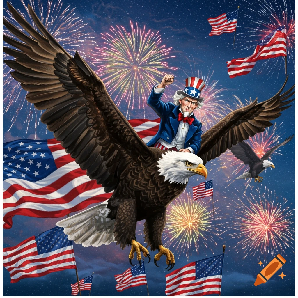 Uncle Sam riding a bald eagle with fireworks and American flags in the background.