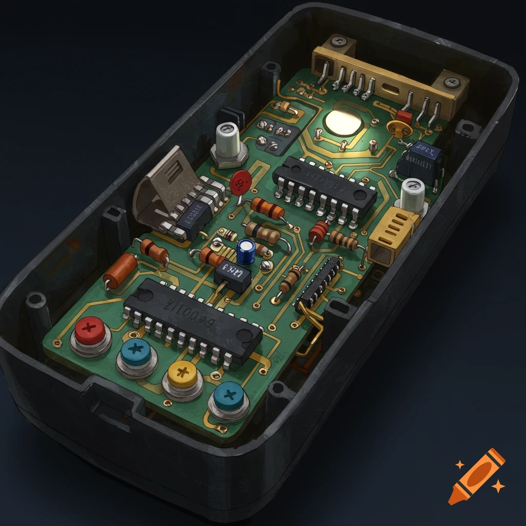 The open casing of a remote control showing the detailed electronic circuit board inside.