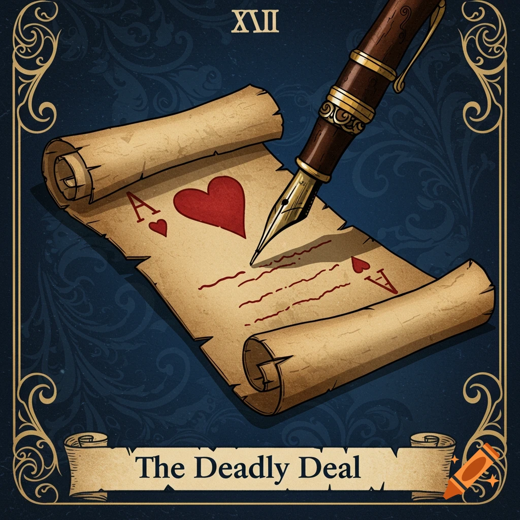 Illustration of a tarot card back with a scroll contract, fountain pen, Ace of Hearts symbol, and the text 'The Deadly Deal'.