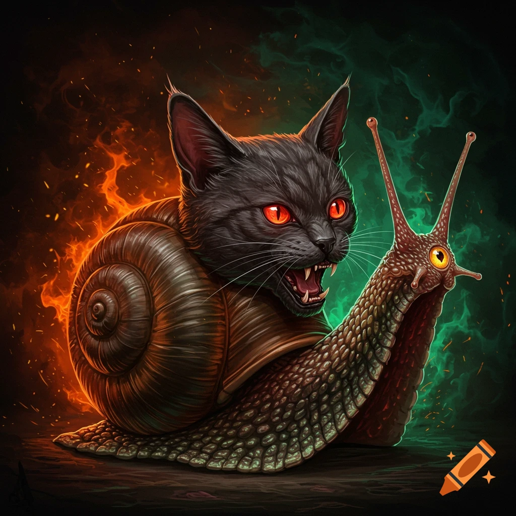 A fantasy creature with a black cat's head and a snail's body, with red eyes and open mouth, set against a background of fire and smoke.