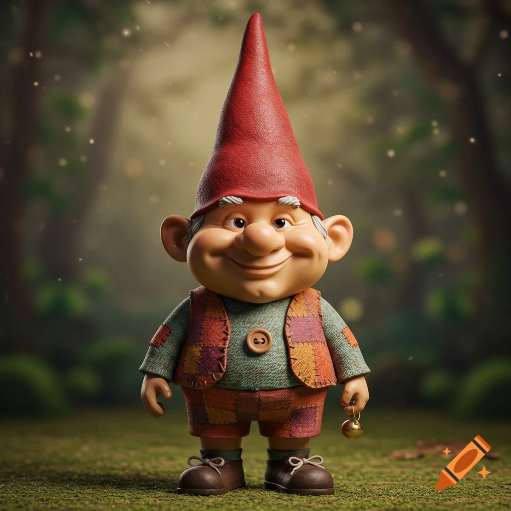 A cartoonish gnome with a red hat and patched clothes stands in a forest clearing, holding a bell. 3D render style.