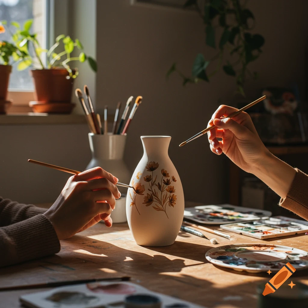 Two hands paint a floral pattern on a vase on a table with art supplies in a sunlit room.