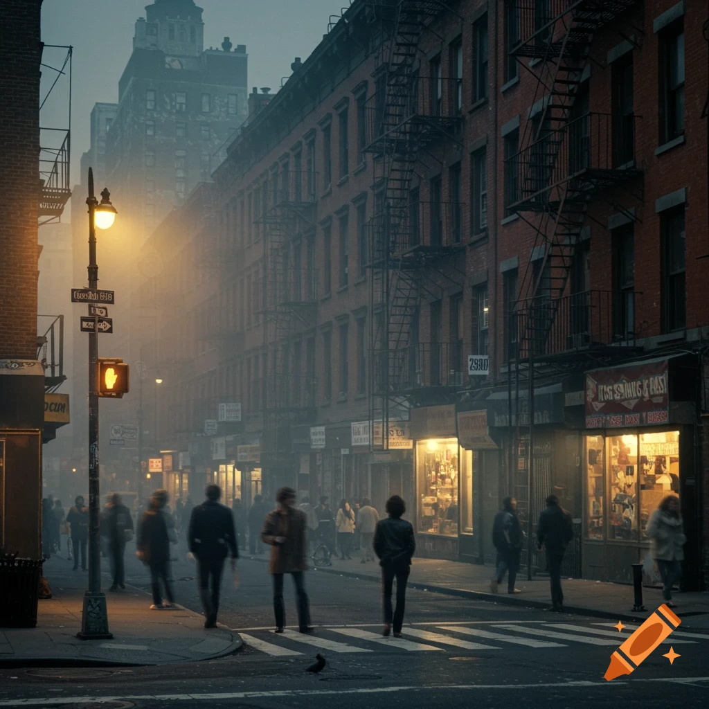 A misty street corner scene at dusk with figures walking past tenement buildings.