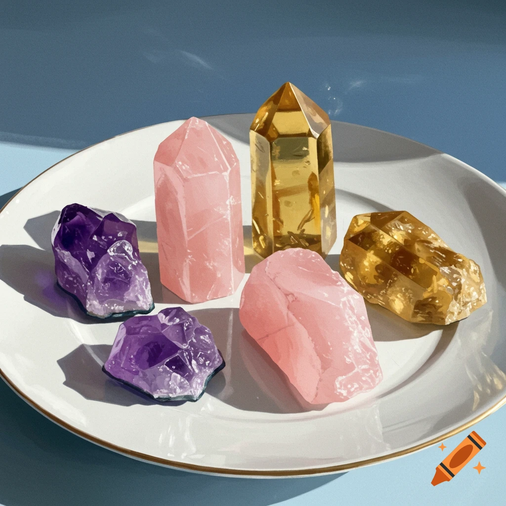Colorful mineral crystals on a white plate with blue background.