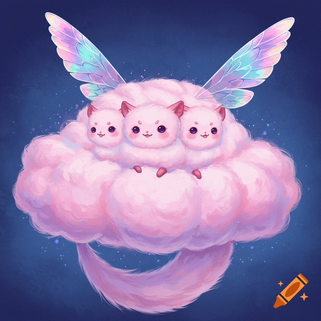 Digital art of three cute pink fluffy creatures with iridescent wings sitting on a cloud with a tail