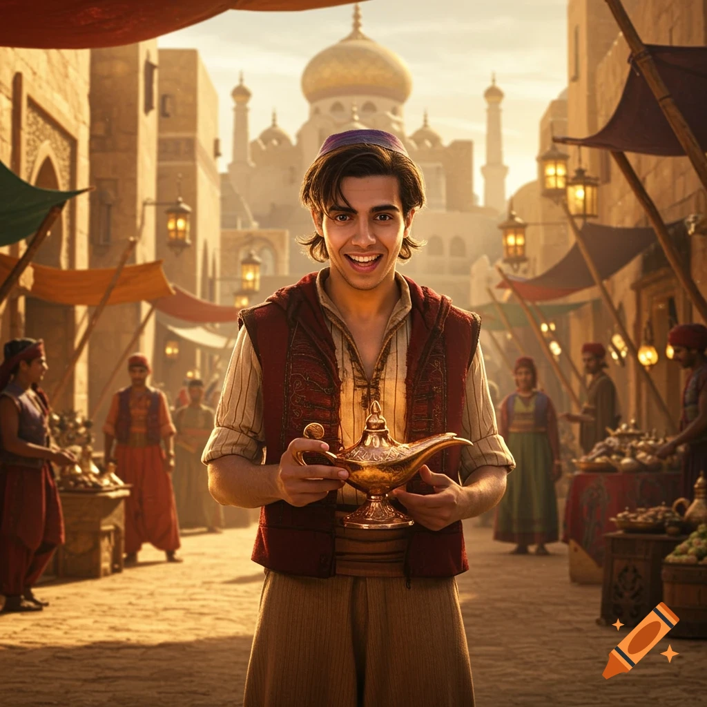 A young man resembling Aladdin smiles while holding a magic lamp in a bustling marketplace.