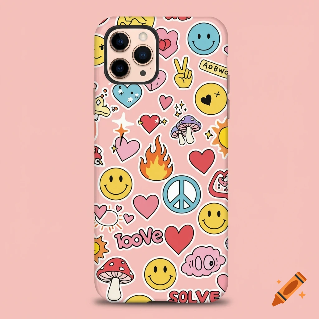 A pink phone case covered in a colorful sticker collage of smiley faces, hearts, peace signs, mushrooms, and flames.