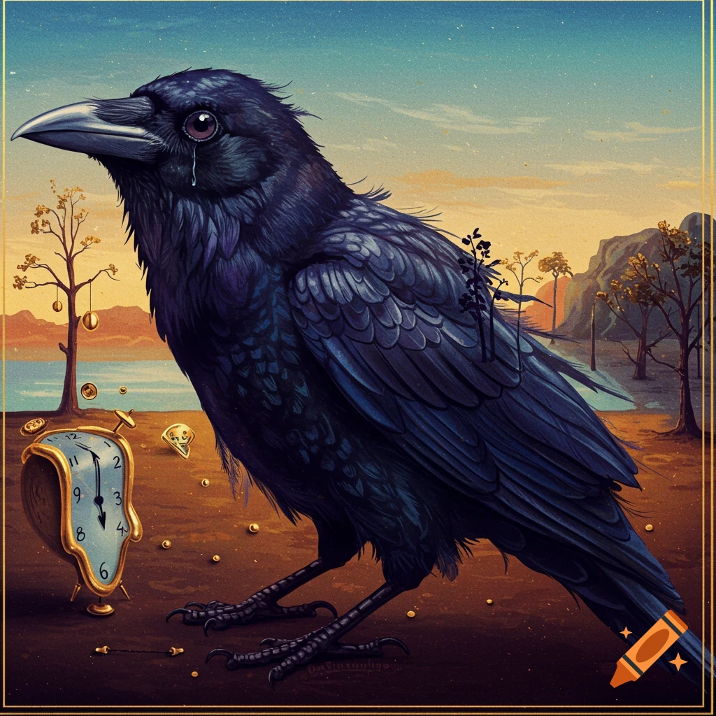 A large black raven crying in a surreal landscape with a melting clock.