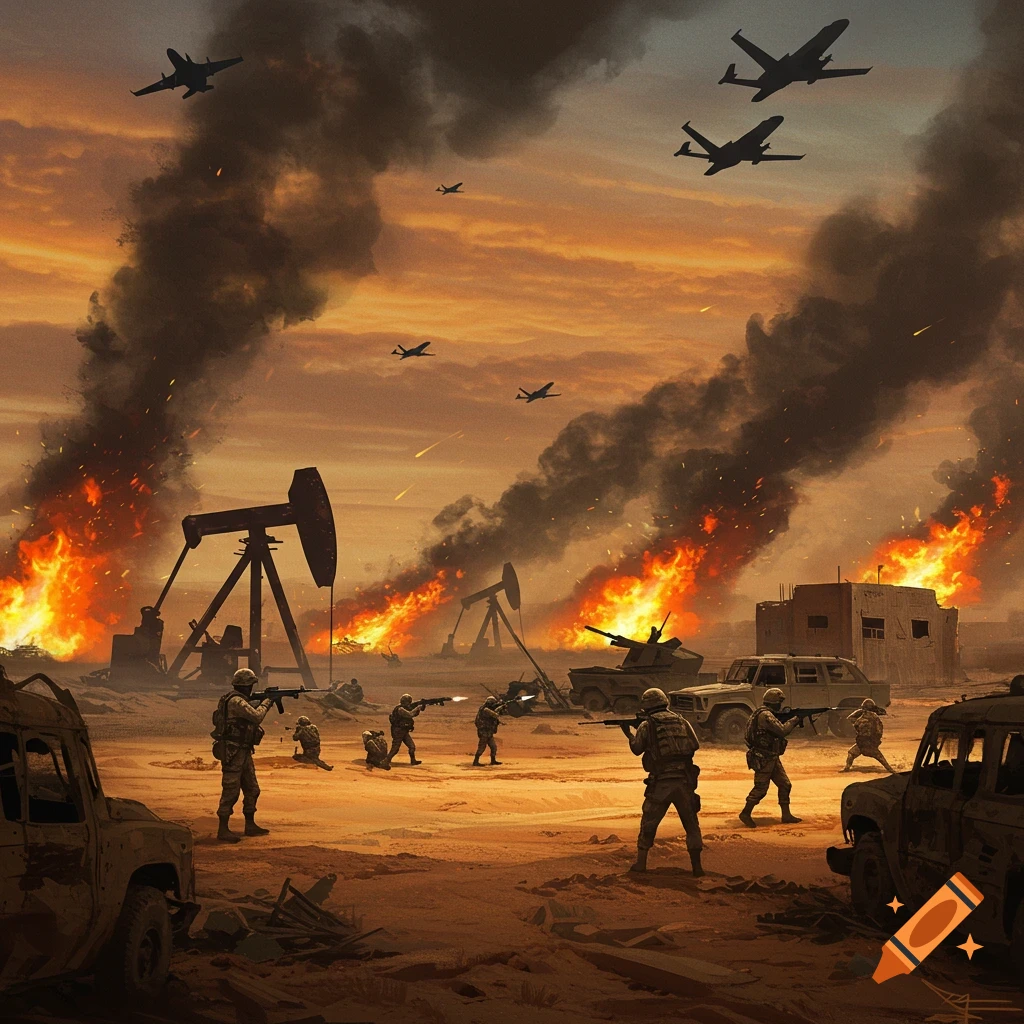 A desert battlefield with soldiers, burning oil wells, destroyed vehicles, and airplanes.