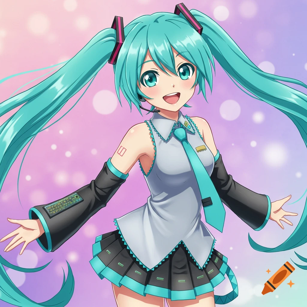 An anime girl with long turquoise pigtails, wearing a grey and black outfit, smiles brightly with open arms against a pink bokeh background.