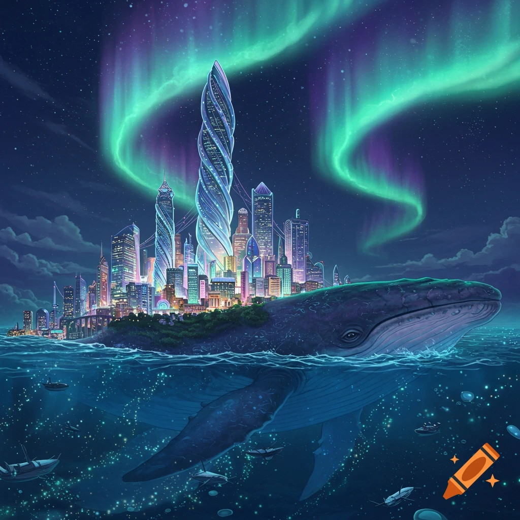 A surreal image of a futuristic city built on the back of a giant whale under an aurora borealis sky.