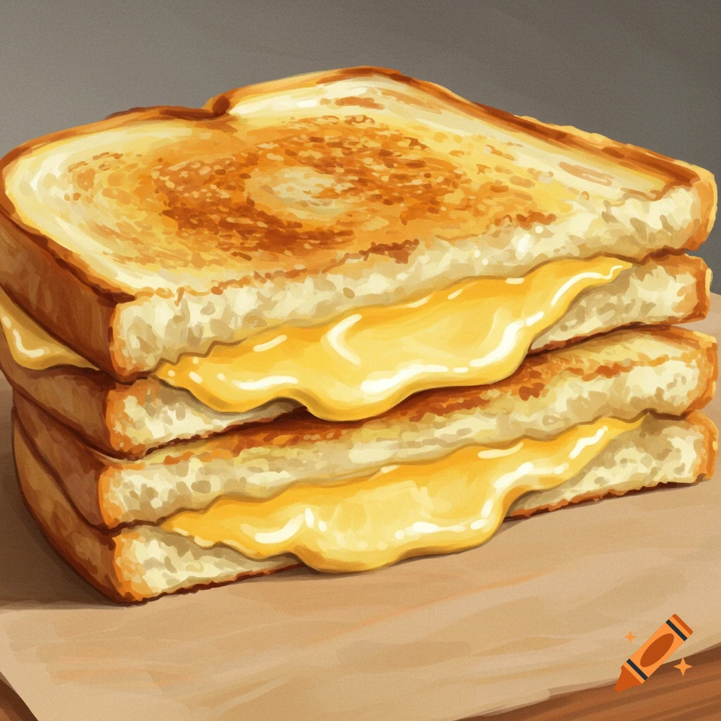 A stacked grilled cheese sandwich with melted cheese dripping.