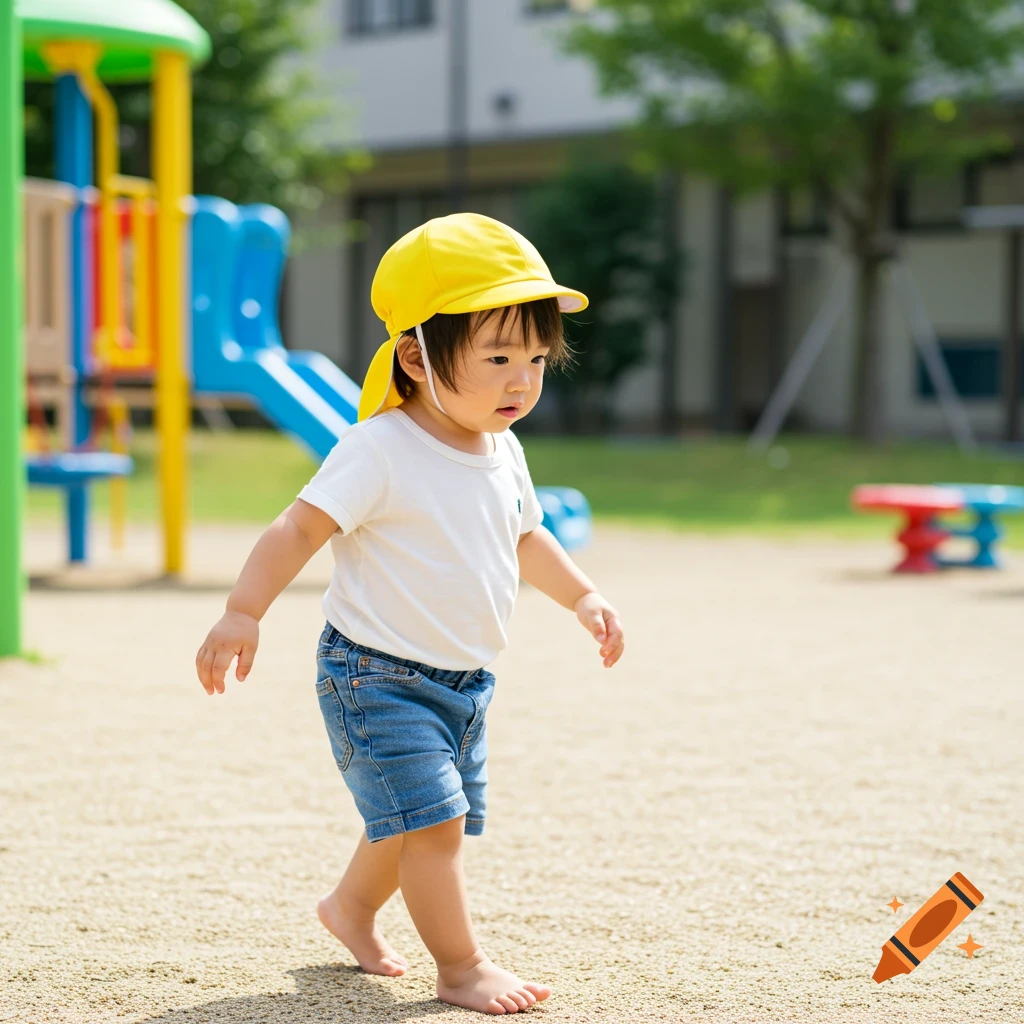 A toddler walks barefoot on a playground wearing a yellow hat and denim shorts.