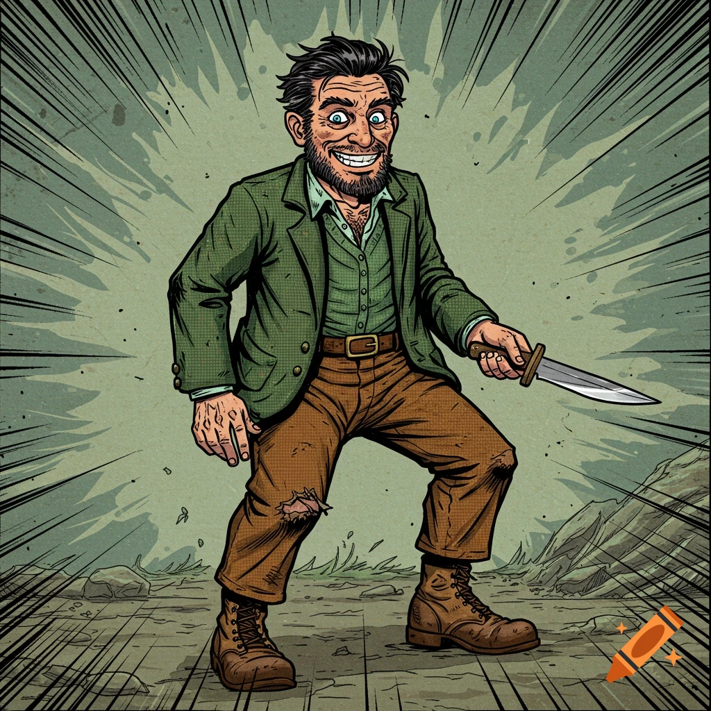 Comic book illustration of a smiling man with a beard, wearing a jacket, holding a knife.
