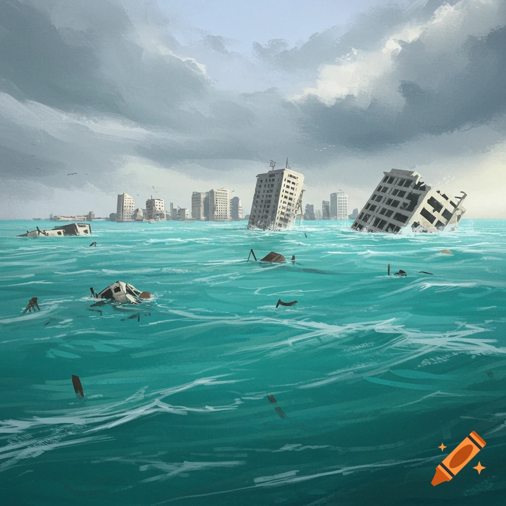Buildings partially submerged in rising sea levels under a cloudy sky.