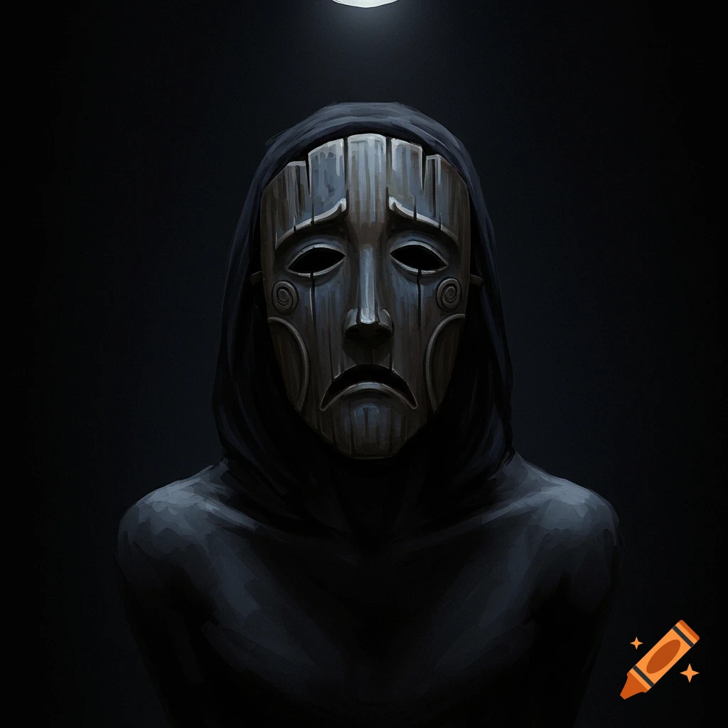 A hooded figure wearing a sad wooden mask against a dark background.