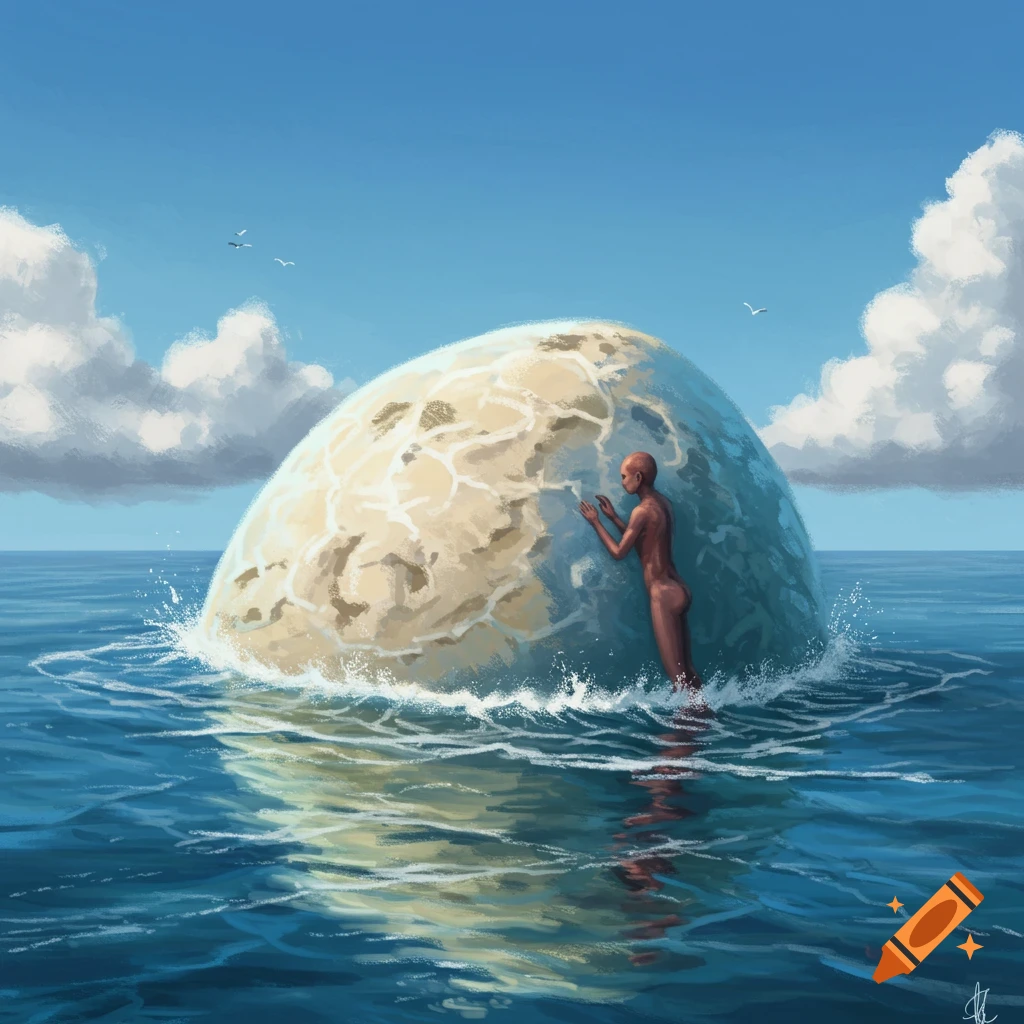 A nude figure standing in the ocean, pushing against a large spherical object resembling a translucent globe.