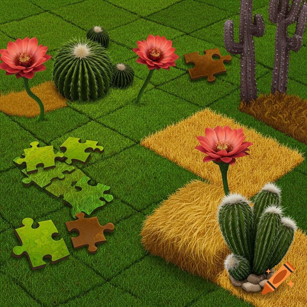 A landscape with grass squares, yellow patches, cacti, pink flowers, and scattered puzzle pieces.