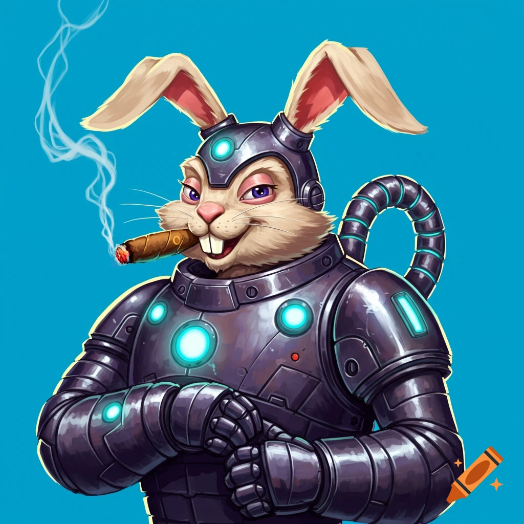 A rabbit smokes a cigar while wearing a dark robotic suit with glowing blue lights.